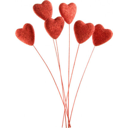 HEART RED GLITTERED 6PCS #3638