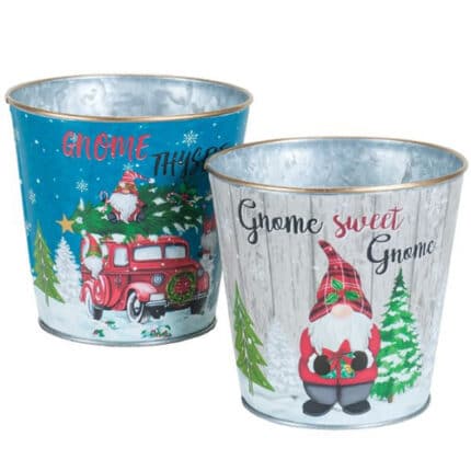 Metal Tin Christmas Gnome Pot (each)