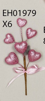 PICK Hearts pink glitter x6 w/ bow