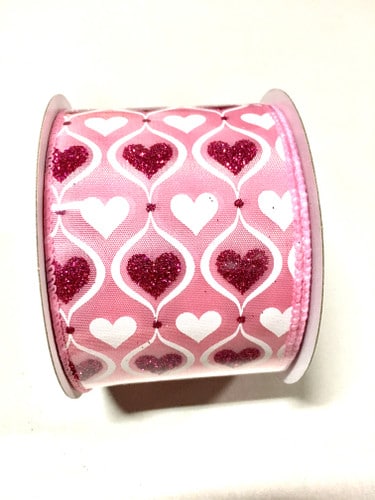 VDAY #40 Pink Satin w/wh-pk glitter hourglass 10yrds