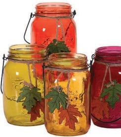 Glass Mason Jar Fall w/leave 6.5" 12cs 4502