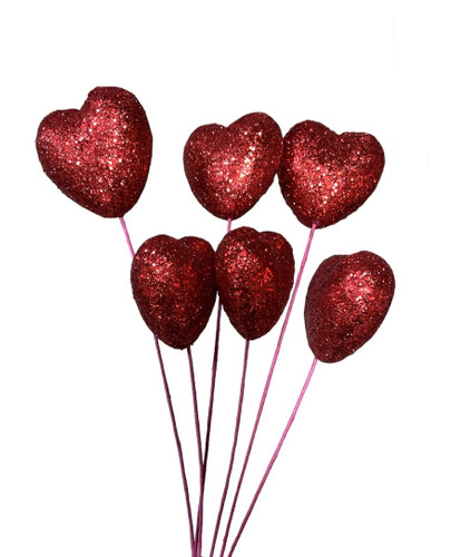 Glitter hearts red w/14" pick 6/bag